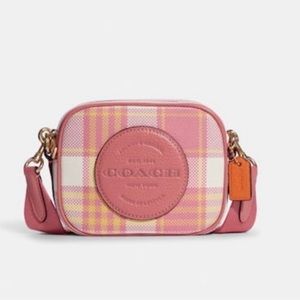 NWT Coach Mini Dempsey Camera Bag With Garden Plaid Print & Patch In Gold/Taffy